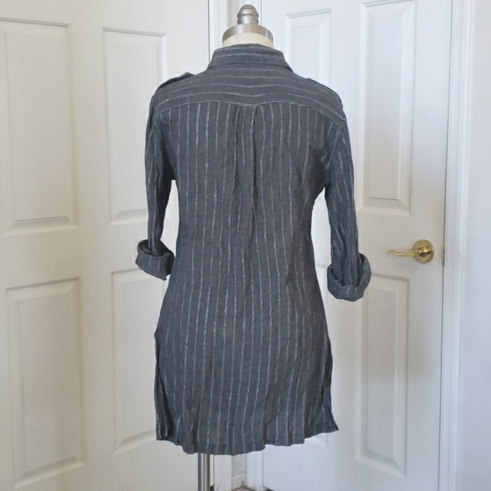 CHICO’S Metallic Silver Pinstripe Button Down Tunic Shirt Jacket Epaulettes Size - Picture 7 of 13
